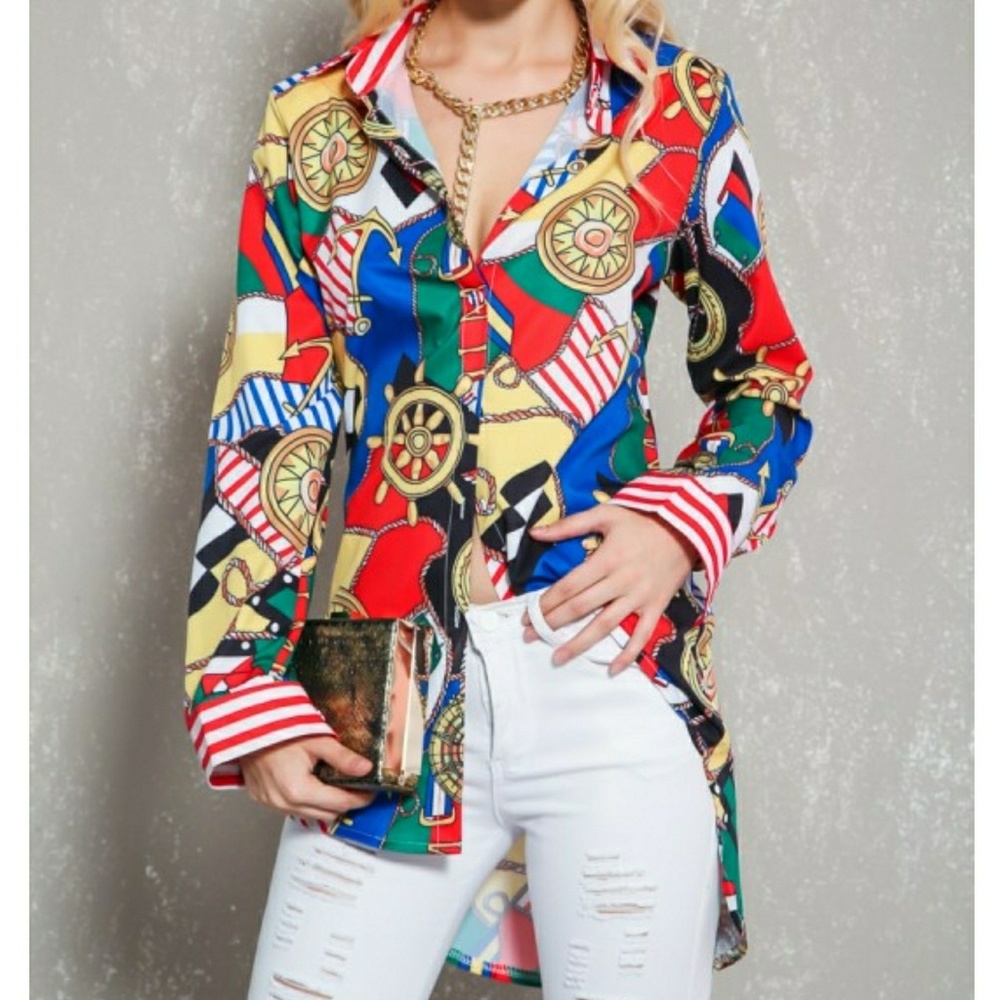 Sexy Red Yellow Printed Button Up Long Sleeve Top